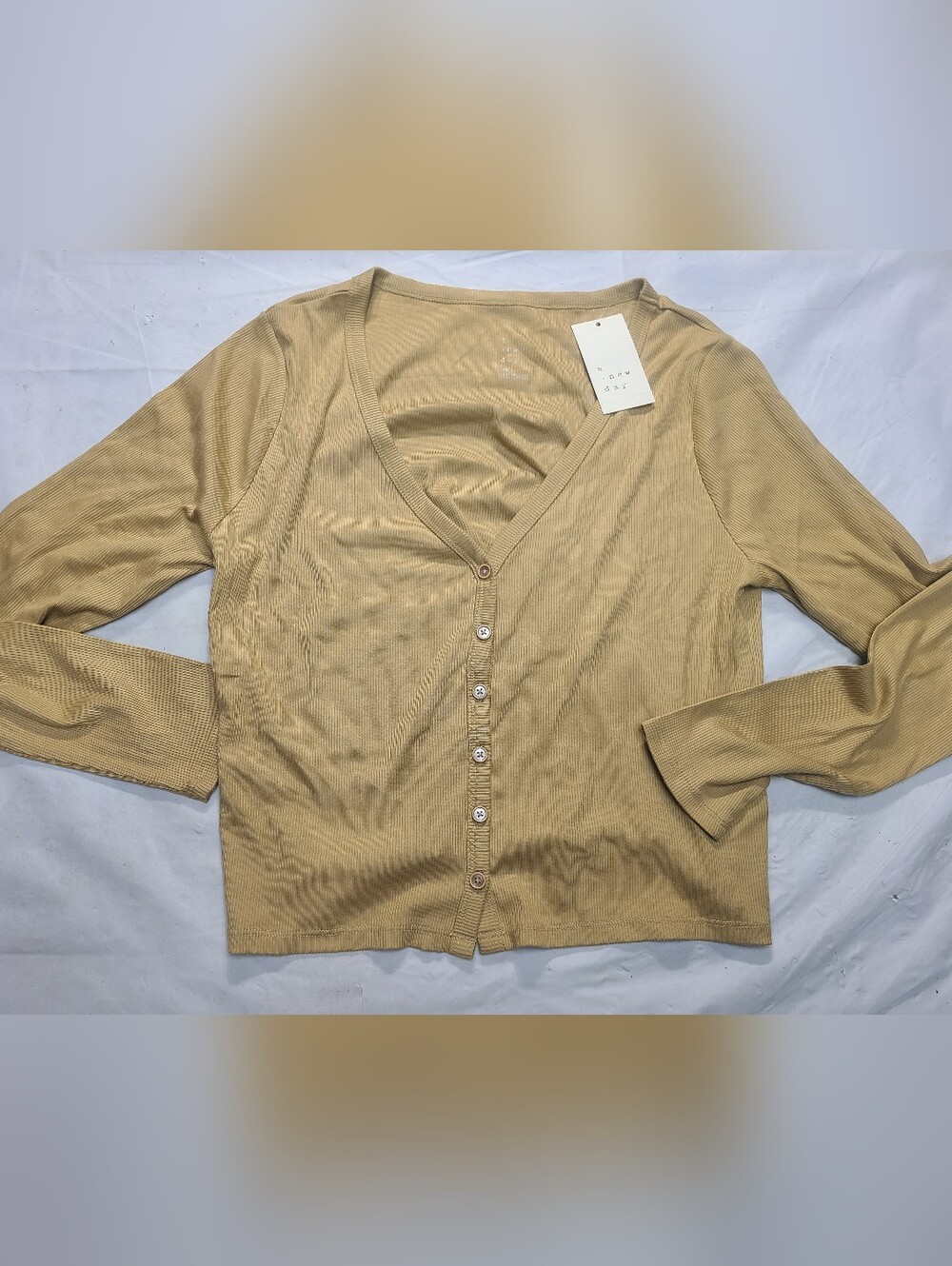 Women's Modern Ribbed Button-Up Knit Cardigan A New Day Tan Size Large
